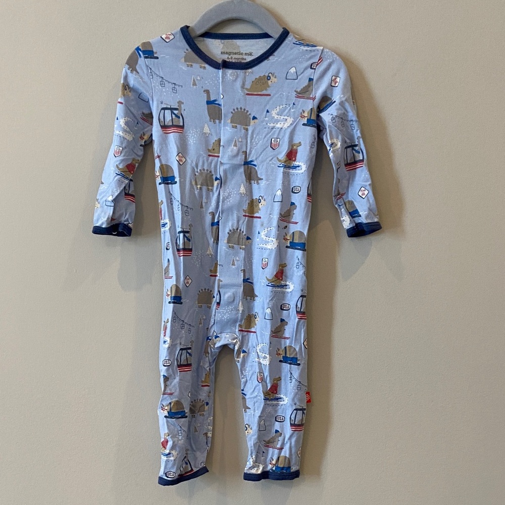Magnetic me Baby Light Blue Dino winter pattern onesie.